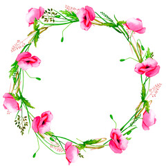 Wreath of wildflowers and wild herbs. Poppies. Hand drawn watercolor clipart for cards, invitations, greeting cards, posters, prints, stationery, logo, labels. Wedding design, birthday, anniversary.