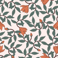 Art nouveau inspired botanical seamless pattern with flower and leaf elements. Boho retro background pattern for fabric, wrapping paper, wallpaper etc.