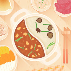 Asian hot pot with two differente soup and different ingredients