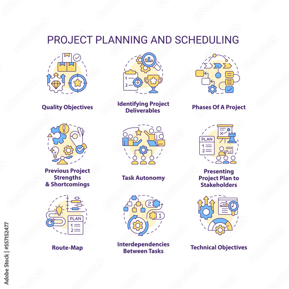 Poster project planning and scheduling concept icons set. business improvement idea thin line color illustr