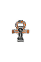 Close-up shot of a lapel pin in a black and orange cross form with a silver trim. An enamel lapel cross pin with a butterfly clutch is isolated on a white background. Front view.