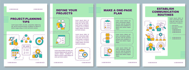Tips for project planning green brochure template. Management. Leaflet design with linear icons. Editable 4 vector layouts for presentation, annual reports. Arial, Myriad Pro fonts used