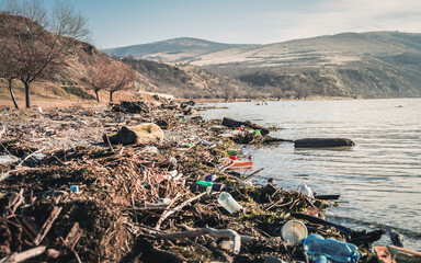 Spilled garbage on the shore of the Danube. Empty used dirty plastic bottles, branches and dead vegetation. Environmental pollution. Ecological problem. 