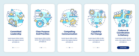 Government transformation disciplines onboarding mobile app screen. Walkthrough 5 steps editable graphic instructions with linear concepts. UI, UX, GUI template. Myriad Pro-Bold, Regular fonts used