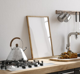 Frame mockup in Scandinavian kitchen interior, 3d render