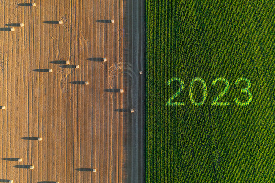 2023 Happy New year agriculture concept. Business, goals, success and new start banner. Corn field harvest