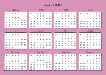 This is a simple, minimalist style annual planner with a year 12 month calendar for 2023. Note, scheduler, diary, calendar planner document template illustration.