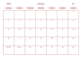 January 2023 simple design digital and printable calendar template illustration. Notes, scheduler, diary, calendar, memo, planner document template background. 