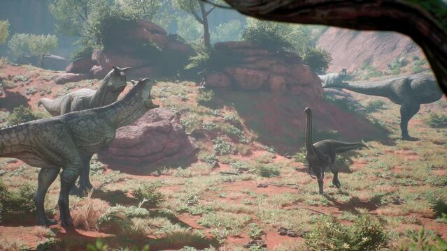 Gallimimus Dinosaur Walks among Carnotaurus in a Prehistoric Wasteland 3D Animations Rendering CGI 4K