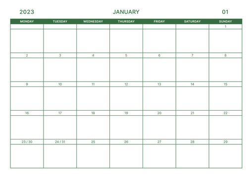 January 2023 simple design digital and printable calendar template illustration. Notes, scheduler, diary, calendar, memo, planner document template background. 