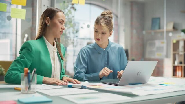 Portrait of Two Creative Colleagues Collaborating and Pointing at the Laptop in Modern Office. Female Manager Consults White Project Manager, They Brainstorm on the Project.