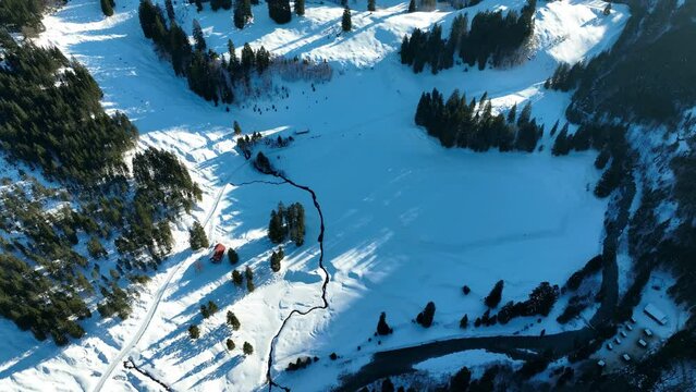 Aerial view snowy mountains Wildfr&auml;uleinstein, Stuibenkopf, Zerenkopf, Gehrenkopf and Mittagsspitze, Bavaria, Bad Hindelang, Hinterstein, Hintersteiner valley, Germany