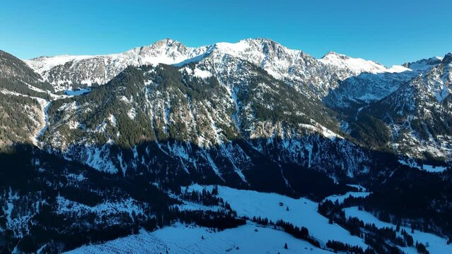 Aerial view snowy mountains Wildfr&auml;uleinstein, Stuibenkopf, Zerenkopf, Gehrenkopf and Mittagsspitze, Bavaria, Bad Hindelang, Hinterstein, Hintersteiner valley, Germany
