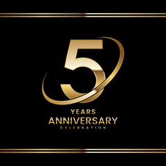 5th Anniversary logo design with golden ring. Logo Vector Illustration