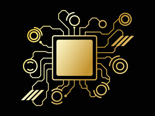 Processor and electrical circuit in gold gradient, dark gray background.