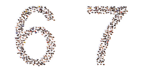 Concept or conceptual large community of people forming the fonts 6 and 7.  3d illustration metaphor for unity and diversity, humanitarian, teamwork, cooperation, education, friendship and community