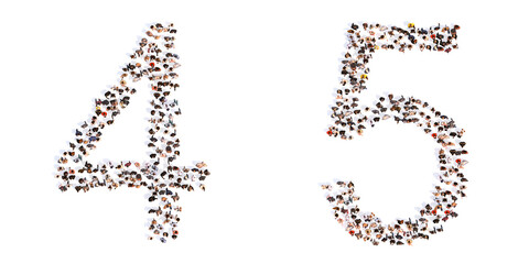 Concept or conceptual large community of people forming the fonts 4 and 5.  3d illustration metaphor for unity and diversity, humanitarian, teamwork, cooperation, education, friendship and community