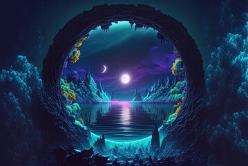 Fototapeta premium Submerged fantasy realm. Fantasy nighttime scene set in the future, complete with abstract island, moonlight, and neon lights. Galaxy doorway lit with neon beams. Generative AI