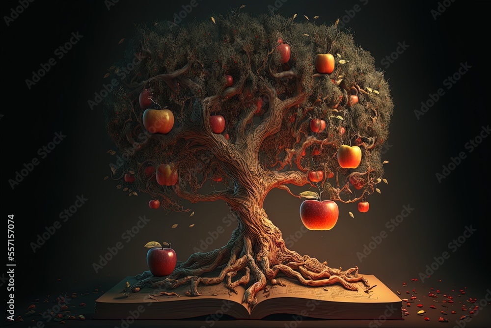 Poster symbolic fruit from the tree of knowledge. generative ai