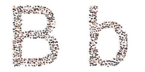 Concept or conceptual large community of people forming the font B. 3d illustration metaphor for unity and diversity, humanitarian, teamwork, cooperation, education, friendship and community