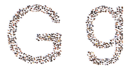 Concept or conceptual large community of people forming the font G. 3d illustration metaphor for unity and diversity, humanitarian, teamwork, cooperation, education, friendship and community