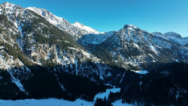 Aerial view snowy mountains Wildfr&auml;uleinstein, Stuibenkopf, Zerenkopf, Gehrenkopf and Mittagsspitze, Bavaria, Bad Hindelang, Hinterstein, Hintersteiner valley, Germany