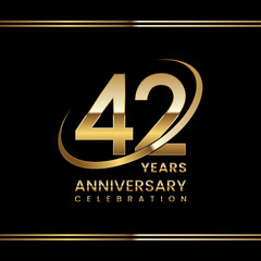 42th Anniversary logo design with golden ring. Logo Vector Illustration
