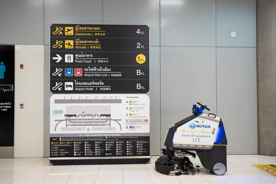 BANGKOK, THAILAND - JUL 13, 2022: Airport automation heavy duty robot vacuum cleaner in Bangkok Suvarnabhumi Airport.