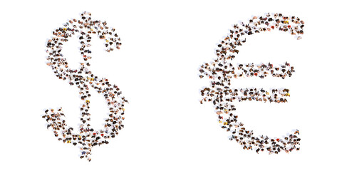 Concept or conceptual large community of people forming the $ and ? fonts. 3d illustration metaphor for unity and diversity, humanitarian, teamwork, cooperation, education, friendship and community