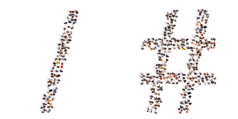 Conceptual large community of people forming the division slash and  number sign. 3d illustration metaphor for unity and diversity, humanitarian, teamwork, cooperation, education, friendship 