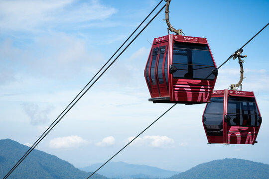PAHANG, MALAYSIA - AUG 15, 2022: Genting Awana SkyWAy gondola lift close up in Genting Highlands.