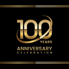 100th Anniversary logo design with golden ring. Logo Vector Illustration