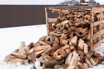 Wooden box with firewood. Chopped and hand-folded in a crate for sale or for storage in a cottage. transport by pallet truck.