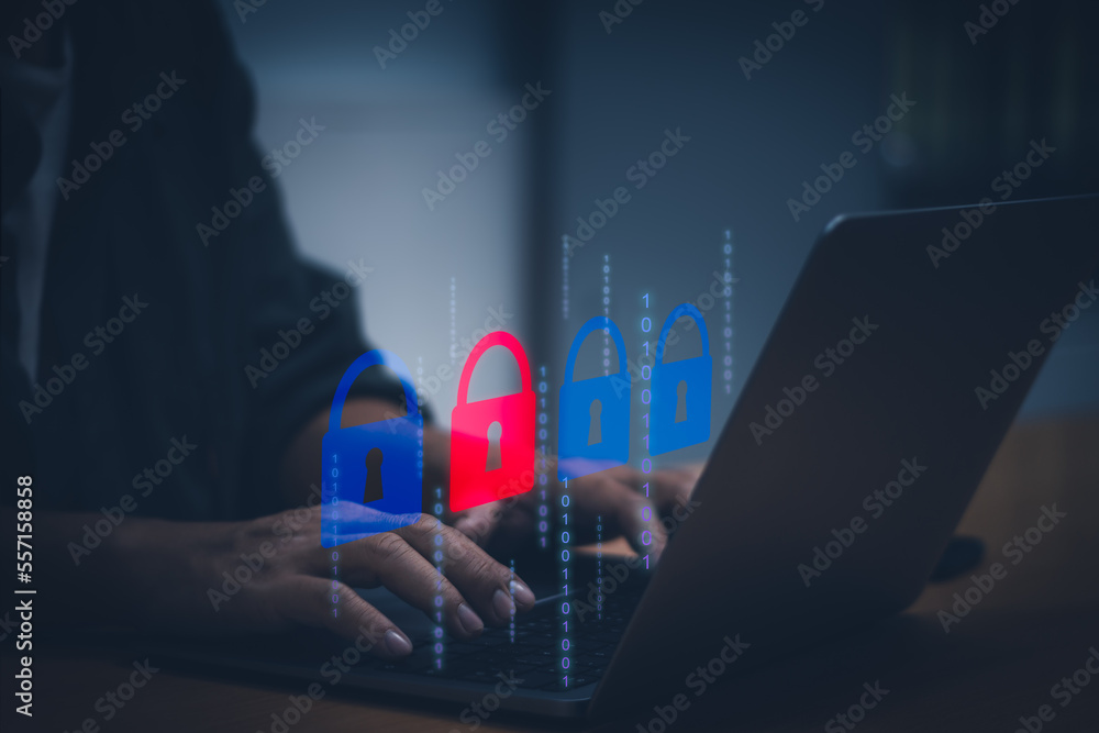 Poster businessman showing to protect data on internet network on laptop computer with a virtual padlock lo