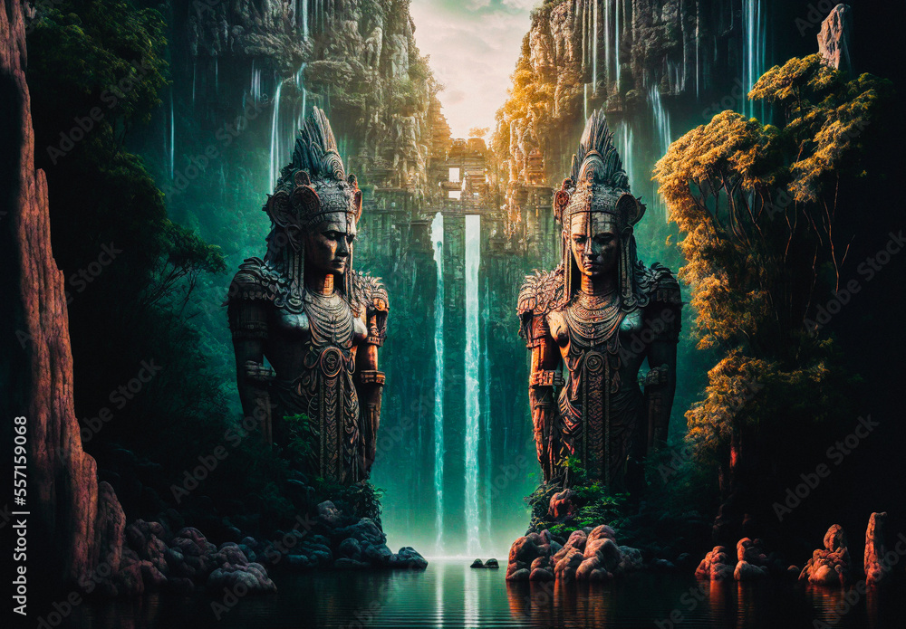 Wall mural giant aztec or maya statue guardian next to water in a tropical rainforest environment landscape - Wall murals