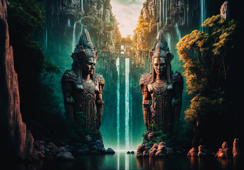 Giant aztec or maya statue guardian next to water in a tropical rainforest environment landscape