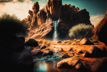Waterfall in a desolate desert environment