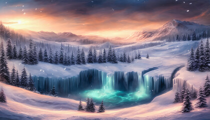 Majestic painting of a fantastical village in a frozen land. Generative AI