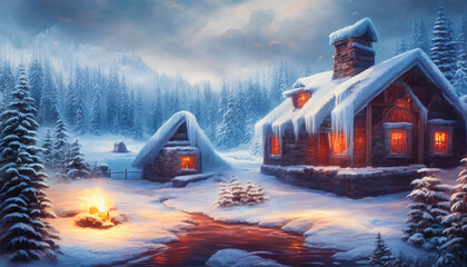 Majestic painting of a fantastical village in a frozen land. Generative AI