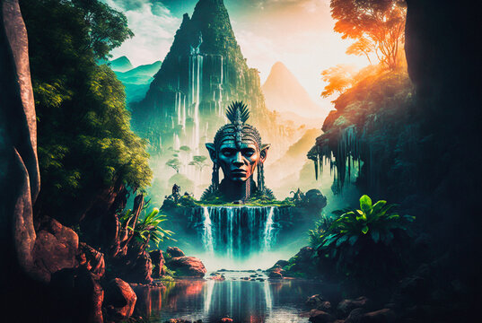 Giant Aztec Or Maya Statue Guardian Next To Water In A Tropical Rainforest Environment Landscape