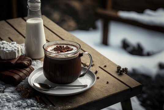 illustration of hot chocolate cup on wooden table with cold freezing weather