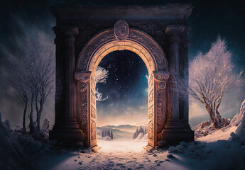 Ancient or alien portal in a winter landscape