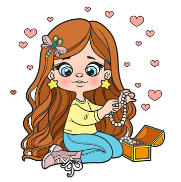 Cute cartoon long haired girl silit and measures jewelry from the jewelry box color variation for coloring page on a white background