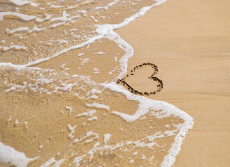hearts as a symbol of love. drawn on the sand on the seashore washes away the incoming wave. Hello summer. Vacation, rest, love. Valentine's Day. enjoying the momen