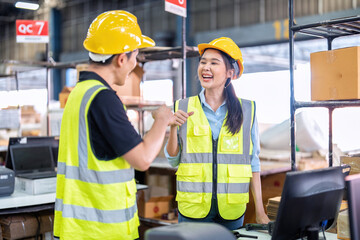 Trainee worker in large depot storage warehouse appreciated thank you to trainer at cashier counter
