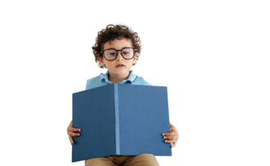 Preschooler curly caucasian cute boy  in large glasses holding big book sitting against transparent background. Handsome Spanish kid preparing for school, reading, striving for knowledge. Children’s.