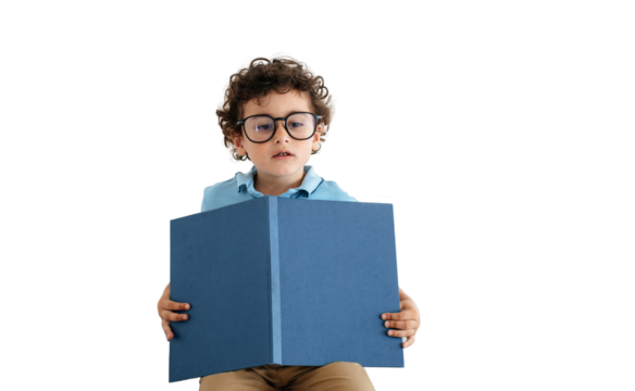 Preschooler curly caucasian cute boy  in large glasses holding big book sitting against transparent background. Handsome Spanish kid preparing for school, reading, striving for knowledge. Children’s.