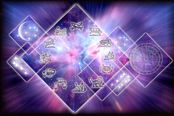 all zodiac signs with horoscope, stars, planet and nebula galaxy rays like astrology art or artistic astrology concept 