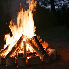 A roaring campfire outdoors. 