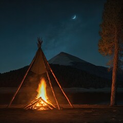 A roaring campfire outdoors. 